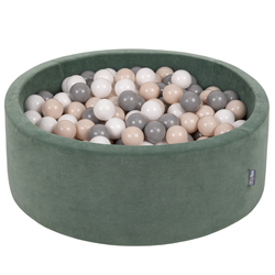 KiddyMoon Velours Piscine à Balles ∅7Cm pour Bébé Rond Fabriqué en EU, vert forêt: beige pastel/gris/blanc, 90x30cm/200 Balles