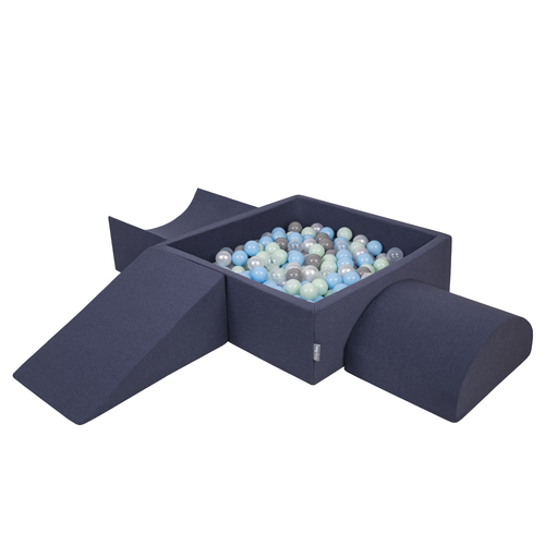 KiddyMoon Aire De Jeux en Mousse avec Carré Piscine À Balles pour Enfants, bleu foncé:perle/gris/transparent/babyblue/menthe, Piscine (300 Balles) + Version 4