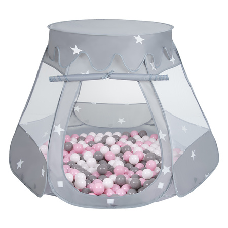 Tente Château Pour Enfants Tente de Jeu Avec Balles Colorées Jouet Cabane Pop-up Château Facile À Monter Maison de Jeu Pour Intérieur et Extérieur, gris:blanco/gris/rose poudré, 105x90cm/100 balles