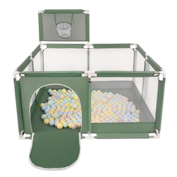 parc bébé avec balles plastiques aire de jeu pliable basket, vert : beige pastel/bleu pastel/jaune pastel/menthe, 400 balles