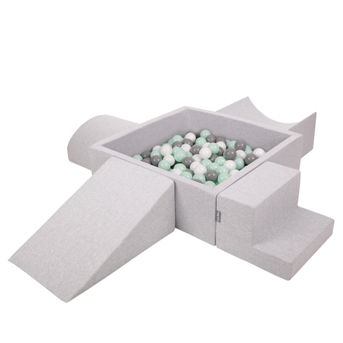 KiddyMoon Aire De Jeux en Mousse avec Carré Piscine À Balles pour Enfants, gris clair: blanc/gris/menthe, Piscine (300 Balles) + Version 5