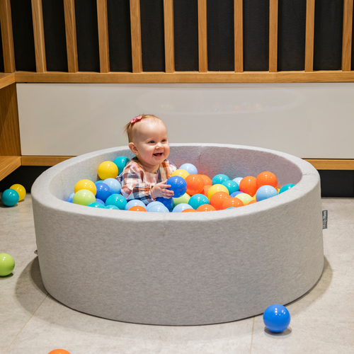 KiddyMoon Piscine à Balles ∅ 7Cm pour Bébé Rond Fabriqué En UE, gris cl.:vert cl/orange/turq/bleu/babyblue/jaune, 90x30cm/300 balles
