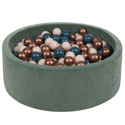 KiddyMoon Velours Piscine à Balles ∅7Cm pour Bébé Rond Fabriqué en EU, vert forêt: turquoise foncé/beige pastel/cuivre, 90x30cm/200 Balles