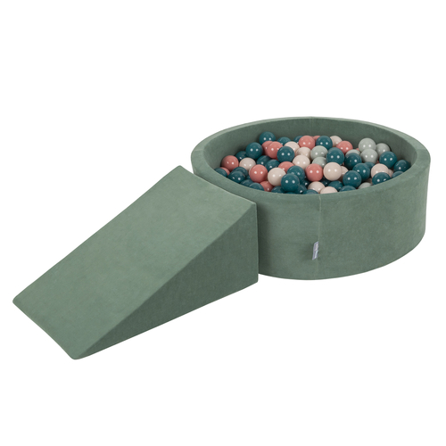 KiddyMoon Aire Velvet De Jeux en Mousse avec Rond Piscine à Balles pour Enfants, vert forêt: turquoise foncé/beige pastel/gris de vert/saumon, Piscine (200 Balles) + Pente