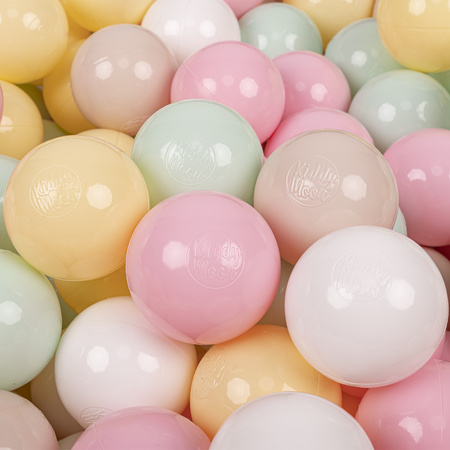 KiddyMoon Balles Colorées Plastique ∅7cm pour Piscine Enfant Bébé Fabriqué en EU, beige pastel/jaune pastel/blanc/menthe/rose poudré, 100 Balles/7cm