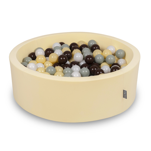KiddyMoon Piscine À Balles ∅ 7Cm pour Bébé Rond Fabriqué en UE, beurré: vert-gris/jaune pastel/brun/blanc, 90x30cm/300 Balles
