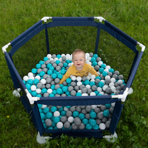 parc bébé hexagonal pliable avec balles plastiques, Bleu:girs/blanc/turquoise, 900 balles