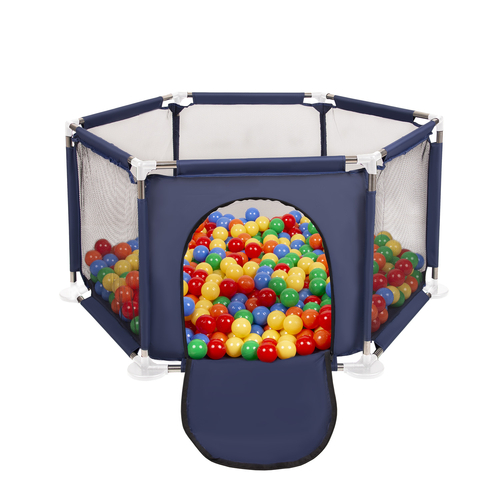 parc bébé hexagonal pliable avec balles plastiques, Bleu:jaune/vert/bleu/rouge/orange, 400 balles