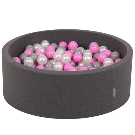 KiddyMoon Piscine à Balles ∅ 7Cm pour Bébé Rond Fabriqué En UE, gris foncé:perle/gris/rose, 90x30cm/200 balles