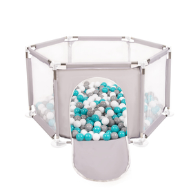 parc bébé hexagonal pliable avec balles plastiques, Gris:gris/blanc/turquoise, 400 balles