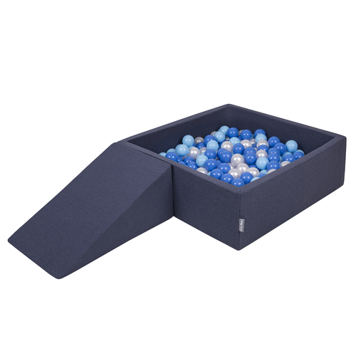 KiddyMoon Aire De Jeux en Mousse avec Carré Piscine À Balles pour Enfants, bleu foncé:babyblue/bleu/perle, Piscine (200 Balles) + Pente