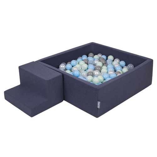 KiddyMoon Aire De Jeux en Mousse avec Carré Piscine À Balles pour Enfants, bleu foncé:perle/gris/transparent/babyblue/menthe, Piscine (200 Balles)+ Marches