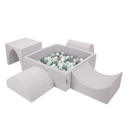 KiddyMoon Aire De Jeux en Mousse avec Carré Piscine À Balles pour Enfants, gris clair: blanc/gris/menthe, Piscine (200 Balles) + Version 1