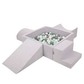 KiddyMoon Aire De Jeux en Mousse avec Carré Piscine À Balles pour Enfants, gris clair: blanc/gris/menthe, Piscine (200 Balles) + Version 5