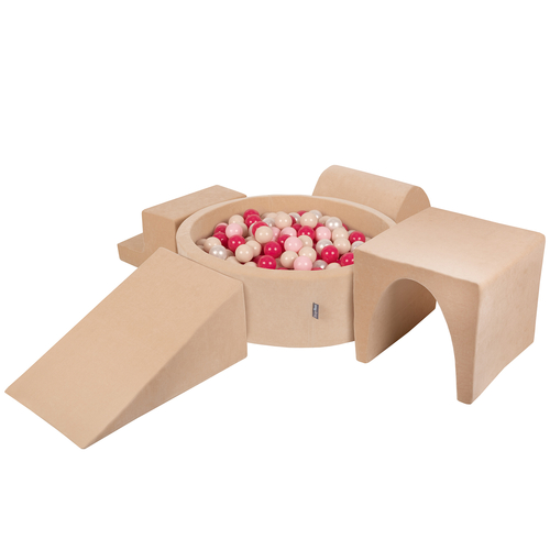 KiddyMoon Aire Velvet De Jeux en Mousse avec Rond Piscine à Balles pour Enfants, beige sableux: beige pastel/rose poudré/perle/rose foncé, Piscine (300 Balles) + Version 3