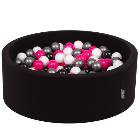 KiddyMoon Piscine à Balles ∅ 7Cm pour Bébé Rond Fabriqué En UE, noir: blanc/noir/argenté/rose foncé, 90x30cm/200 balles