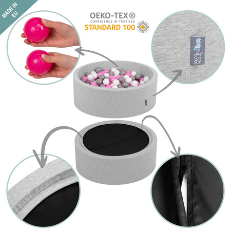 KiddyMoon Piscine à Balles ∅ 7Cm pour Bébé Rond Fabriqué En UE, gris clair:blanc/gris/noir/or, 90x30cm/200 balles