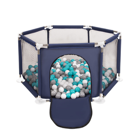 parc bébé hexagonal pliable avec balles plastiques, Bleu:girs/blanc/turquoise, 400 balles