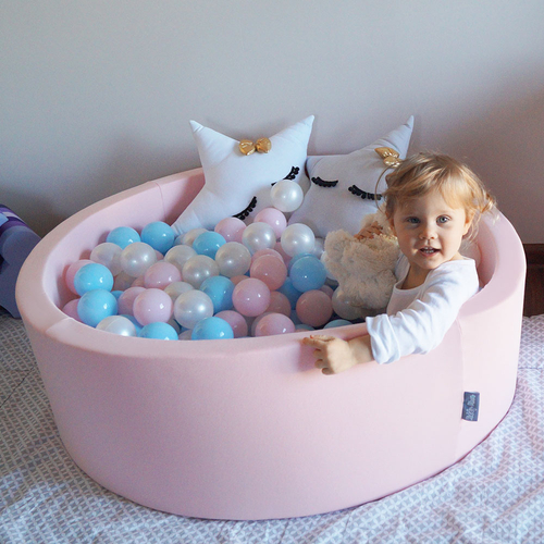 KiddyMoon Piscine à Balles ∅ 7Cm pour Bébé Rond Fabriqué En UE, rose: baby blue/rose poudre/perle, 90x30cm/300 Balles