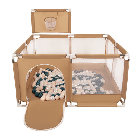 parc bébé avec balles plastiques aire de jeu pliable basket, beige : turquoise foncé/beige pastel/perle, 400 balles
