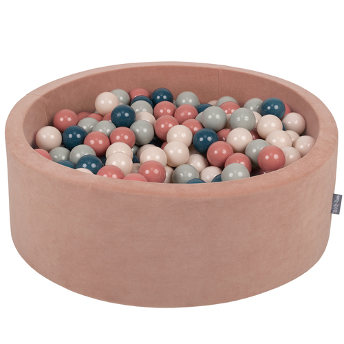 KiddyMoon Velours Piscine à Balles ∅7Cm pour Bébé Rond Fabriqué en EU, rose des sables: turquoise foncé/beige pastel/vert de gris/saumon, 90x30cm/300 balles