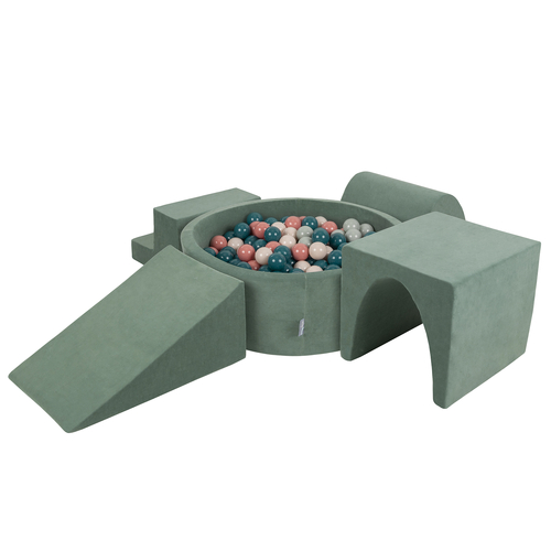 KiddyMoon Aire Velvet De Jeux en Mousse avec Rond Piscine à Balles pour Enfants, vert forêt: turquoise foncé/beige pastel/gris de vert/saumon, Piscine (300 Balles) + Version 3