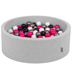 KiddyMoon Piscine à Balles ∅ 7Cm pour Bébé Rond Fabriqué En UE, gris clair:blanc/noir/argenté/rose foncé, 90x30cm/200 balles