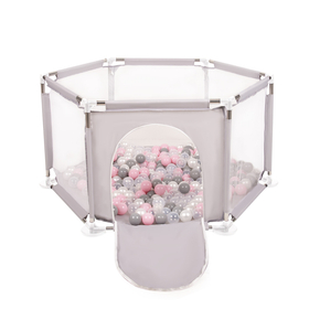 parc bébé hexagonal pliable avec balles plastiques, Gris:perle/gris/transparent/rose poudré, 200 balles