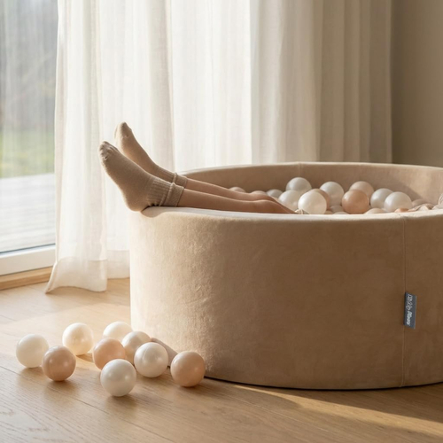 KiddyMoon Velours Piscine à Balles ∅7Cm pour Bébé Rond Fabriqué en EU, beige sableux: beige pastel/blanc/perle, 90x30cm/200 Balles