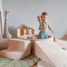 KiddyMoon Aire Velvet De Jeux en Mousse avec Rond Piscine à Balles pour Enfants, beige sableux: brun/cuivre/beige pastel/saumon, Piscine (300 Balles) + Version 3
