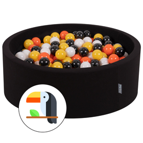 KiddyMoon Piscine à Balles ∅ 7Cm pour Bébé Rond Fabriqué En UE, Toucan: noir/blanc/orange/jaune, 90x30cm/300 balles