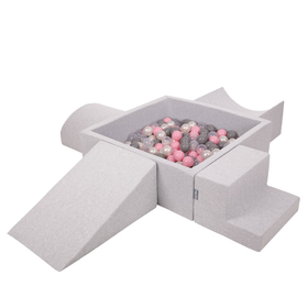 KiddyMoon Aire De Jeux en Mousse avec Carré Piscine À Balles pour Enfants, gris clair: perle/gris/transparent/rose poudré, Piscine (200 Balles) + Version 5