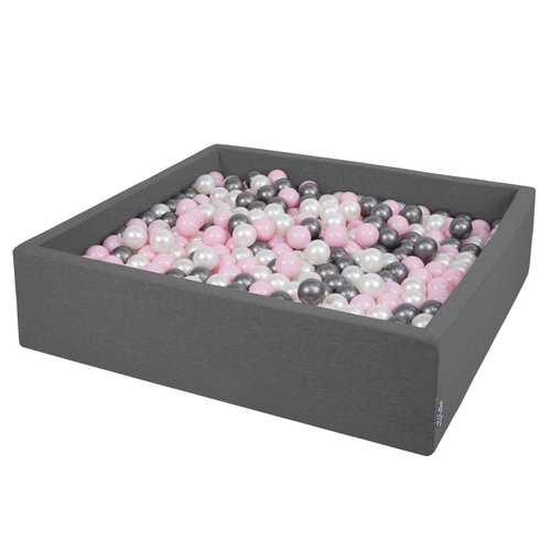 KiddyMoon Piscine À Balles Grande Carré pour Bébé, Fabriqué en UE, gris foncé: perle-rose poudré-argent, 120x30cm/600 balles