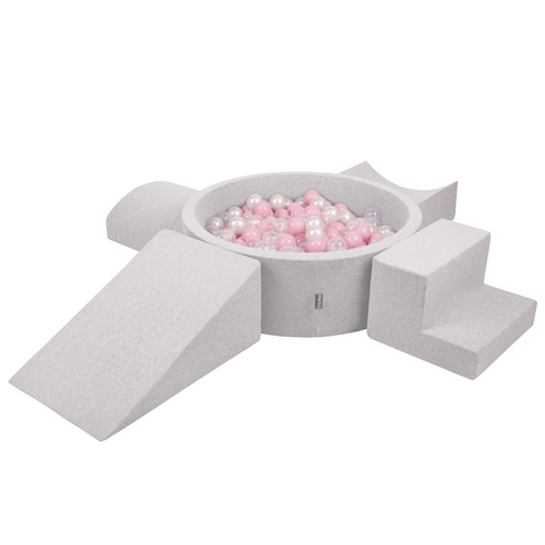 KiddyMoon Aire De Jeux en Mousse avec Rond Piscine à Balles pour Enfants, gris clair: rose poudré/perle/transparent, Piscine (300 Balles) + Version 5