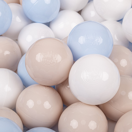 KiddyMoon Balles Colorées Plastique ∅7cm pour Piscine Enfant Bébé Fabriqué en EU, beige pastel/bleu pastel/blanc, 100 Balles/7cm