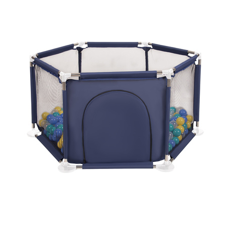 parc bébé hexagonal pliable avec balles plastiques, Bleu:turquoise/bleu/jaune/transparent, 400 balles