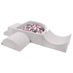 KiddyMoon Aire De Jeux en Mousse avec Quart Angulaire Piscine À Balles pour Bébé, gris clair: blanc/gris/rose poudré, Piscine (300 Balles) + Version 6