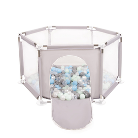 parc bébé hexagonal pliable avec balles plastiques, Gris:perle/gris/transparent/babyblue/mentha, 200 balles