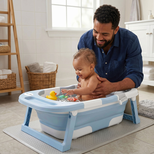 KiddyMoon baignoire pliable bébé plastique avec coussin, bleu, M