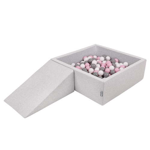 KiddyMoon Aire De Jeux en Mousse avec Carré Piscine À Balles pour Enfants, gris clair: blanc/gris/rose poudré, Piscine (200 Balles) + Pente