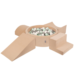 KiddyMoon Aire Velvet De Jeux en Mousse avec Rond Piscine à Balles pour Enfants, beige sableux: blanc/gris/menthe