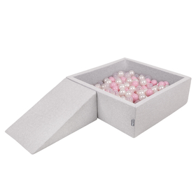 KiddyMoon Aire De Jeux en Mousse avec Carré Piscine À Balles pour Enfants, gris clair: rose poudré/perle/transparent, Piscine (200 Balles) + Pente