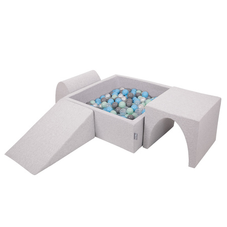 KiddyMoon Aire De Jeux en Mousse avec Carré Piscine À Balles pour Enfants, gris clair: perle/gris/transparent/babyblue/menthe, Piscine (200 Balles) + Version 2