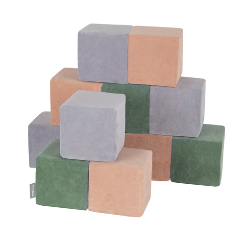 KiddyMoon blocs mous pour bébé cubes de construction en mousse housse velours, cubes: vert forêt-rose de sables-gris de montagnes, 12 Pieces