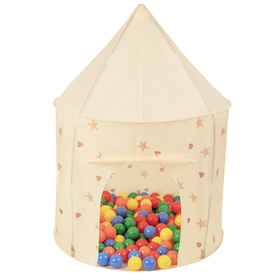 Tente de Jeu Pour Enfants Château Maison de Jeu En Forme De Pavillon De Jeu Avec Balles Pliable Tente Pop-Up Enfant Motifs D'Étoiles Et De Cœurs, beige clair: jaune/bleu/rouge/orange, 100 balles