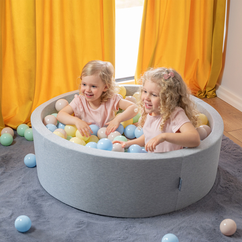 KiddyMoon Piscine à Balles ∅ 7Cm pour Bébé Rond Fabriqué En UE, gris clair:beige pastel/bleu pastel/jaune pastel/menthe, 90x30cm/200 Balles