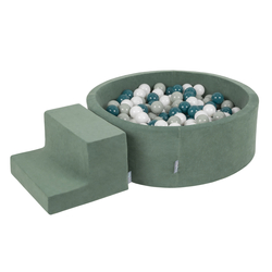 KiddyMoon Aire Velvet De Jeux en Mousse avec Rond Piscine à Balles pour Enfants, vert forêt: turquoise foncé/gris de vert/blanc, Piscine (100 Balles) + Marches