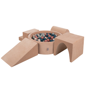 KiddyMoon Aire Velvet De Jeux en Mousse avec Rond Piscine à Balles pour Enfants, rose des sables: turquoise foncé/beige pastel/gris de vert/saumon, Piscine (200 Balles) + Version 3