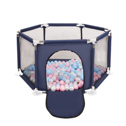 parc bébé hexagonal pliable avec balles plastiques, Bleu:babyblue/rose poudré/perle, 200 balles