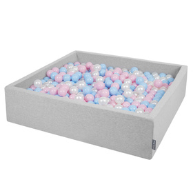 KiddyMoon Piscine À Balles Grande Carré pour Bébé, Fabriqué en UE, gris clair: babyblue-rose poudré-perle, 120x30cm/300 balles